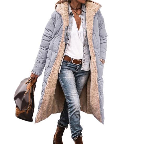 Women Winter Coat with Hood Padded Plush Lined Double-sided Wearable Outerwear Warm Large Pocket Zipper Closure Mid Length Overcoat