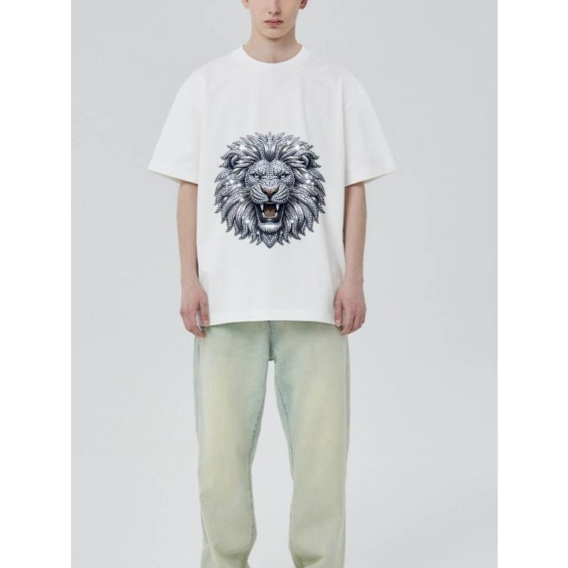 Черная футболка с серебристым принтом головы льва для повседневной носки