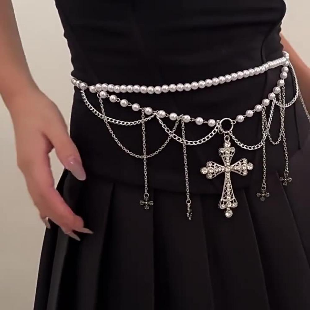 Zinc Zinc Alloy Y2K Silver Waist Chain Acrylic Beads Crystal Tassel Waistband Cross Black Chain Belt Party