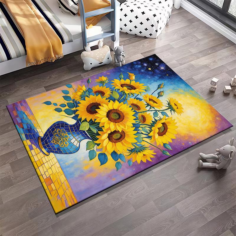 Colorful Sunflower Vase Pattern Carpet, Bright Floral Art Design Rug Suitable for use as an anti-slip for living room bedroom sofas