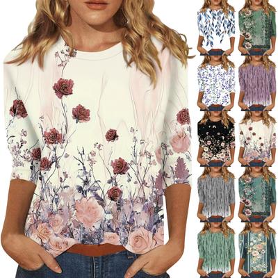 Женская мода повседневная три четверти рукав винтажный цветочный принт круглый вырез топ