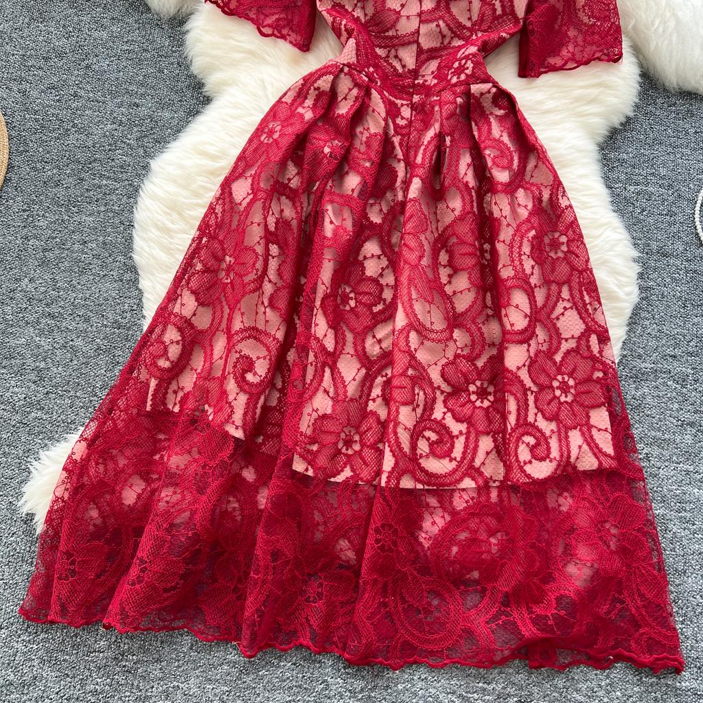 Летние женские элегантные платья с круглым вырезом и коротким рукавом, кружевные вышитые цветочные вечерние платья