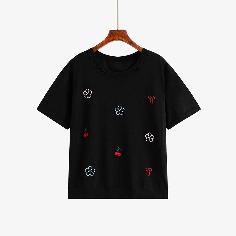 Женский топ с круглым вырезом, женский вышитый вязаный свитер, повседневная свободная футболка с короткими рукавами для пухлой девушки