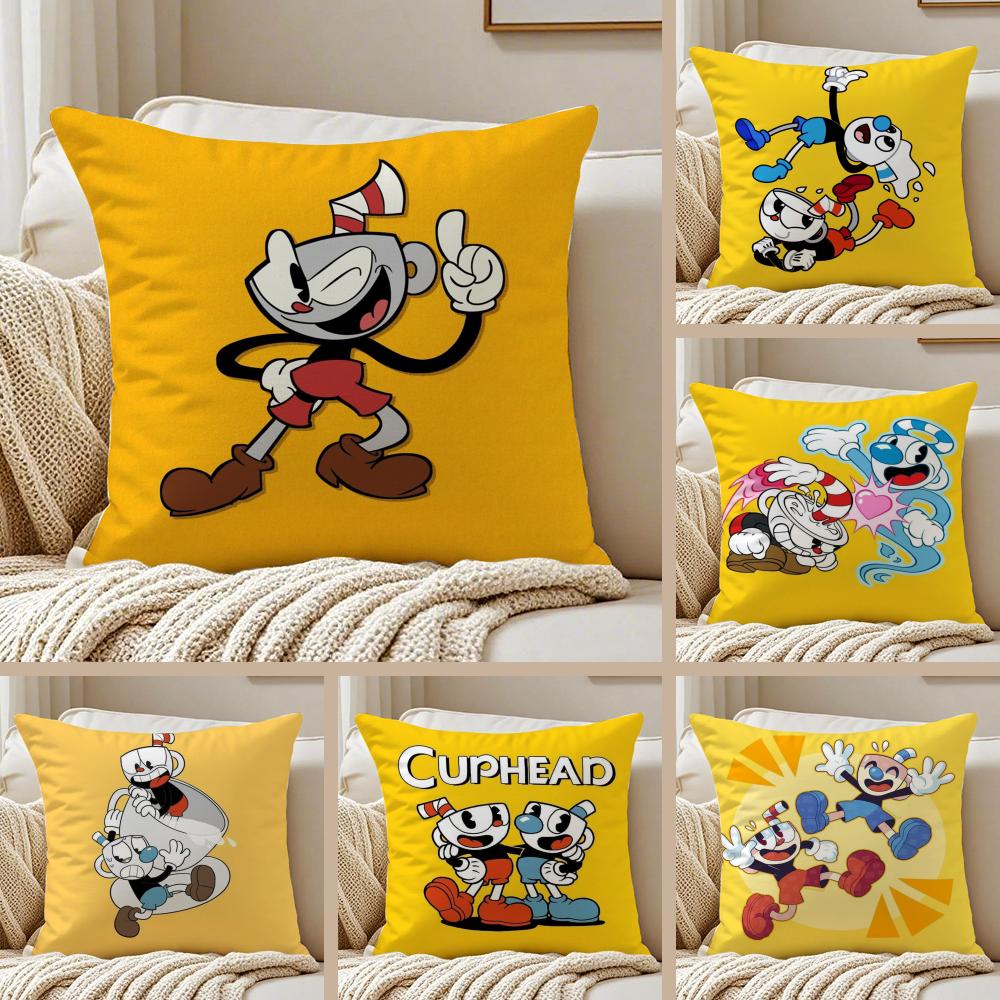 Game CCupheadS Cushion Cover Silky Short Plush DoubleSided Printed Pillow Case for Sofa All Seasons Home Decor Gift