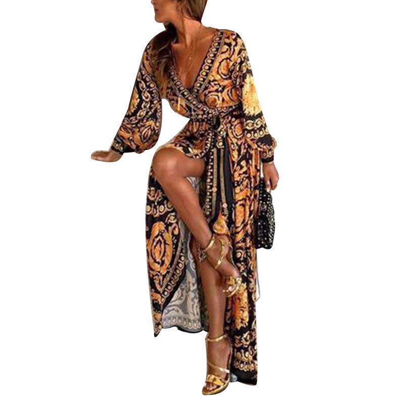 Платье-халат в стиле бохо с V-образным вырезом и цветочным принтом, длинные рукава 2024 года