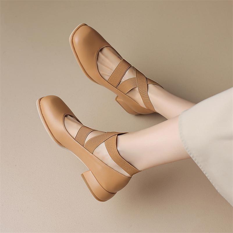 Women Mary Janes Pumps Round Toe Thick Mid Heels Cross Strap Glove Shoes Ladies Fashion Shoes Spring Autumn Beige 43