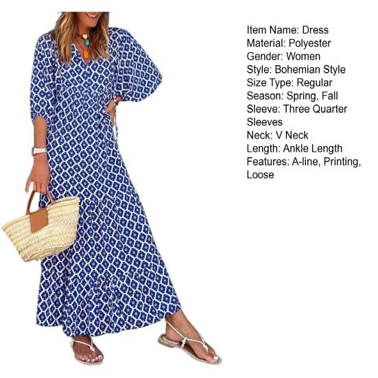 Lady Fall Dress Bubble Sleeves V Neck Printing A-line Loose Ankle Length Patchwork Bohemian Beach Maxi