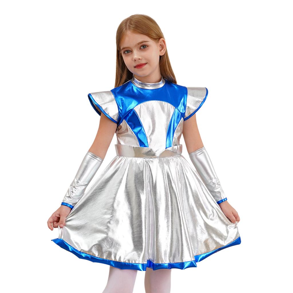 Girls Alien Cosplay Costume - Shimmering PU Patchwork Dress with Cap Sleeve & Arm Sleeve for Halloween Party