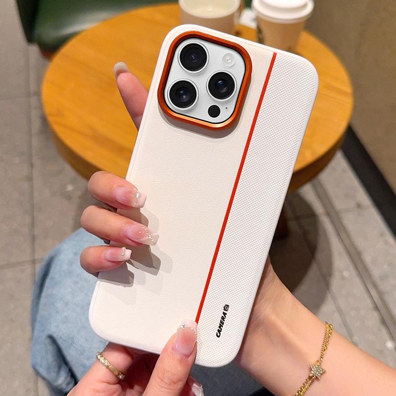 For iPhone 16 Pro Case Splicing PC + PU Leather Phone Back Cover with Metal Lens Ring/Buttons