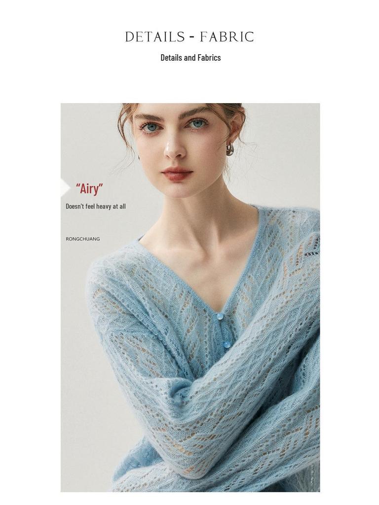 Women's V-Neck Hollowed Cashmere Cardigan - Loose Fit Autumn 2025 Cover-Up Pullover