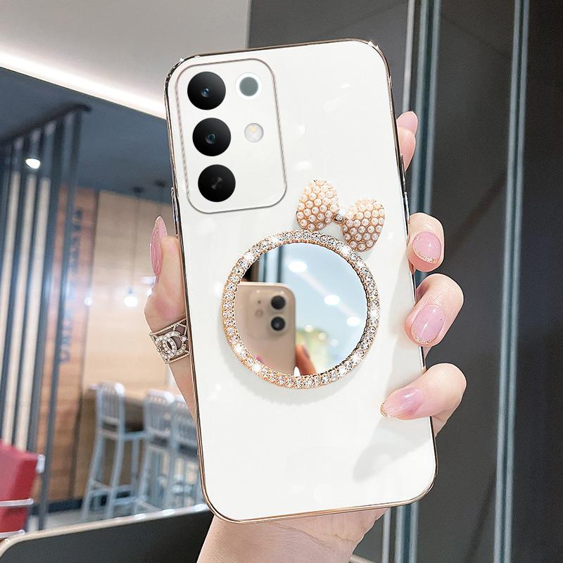 For Realme C85 Pro Case Soft Plating brick inlaid pearl butterfly makeup mirror Smooth Electroplated For Realme C85 Back Cover