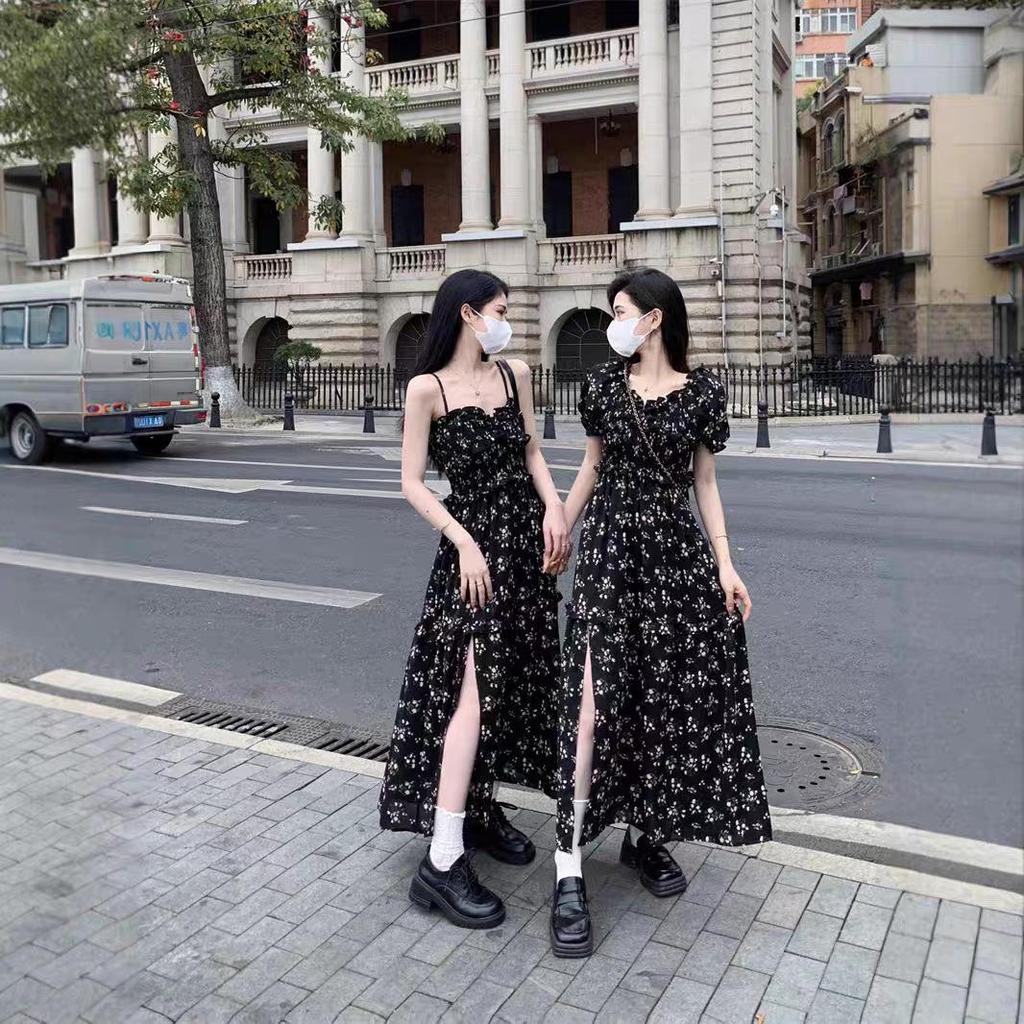 Летнее платье из шифона с цветочным принтом для женщин - дизайн 2025 года с утягивающей талией, разрезом и квадратным вырезом горловины