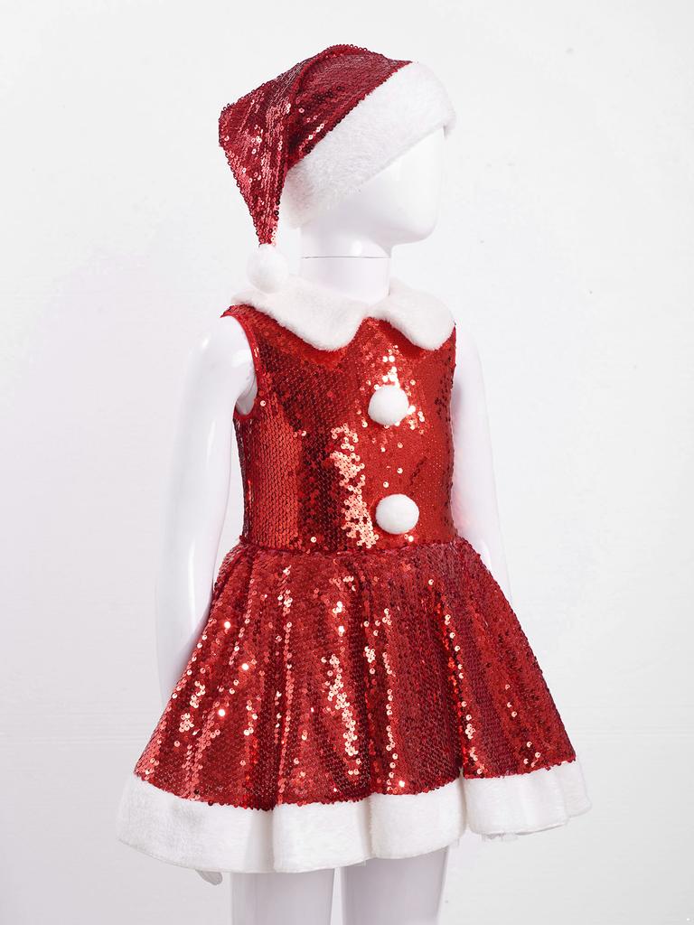 Kids Girls Christmas Party Dance Performance Costume Sleeveless Sequins Dress with Hat Set