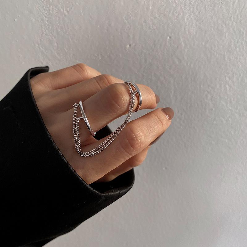 Fashion Finger Ring Bracelet for Men & Women Adjustable Open Band Ring with Connecting Chain Trendy Hip Hop Street Style Zircon
