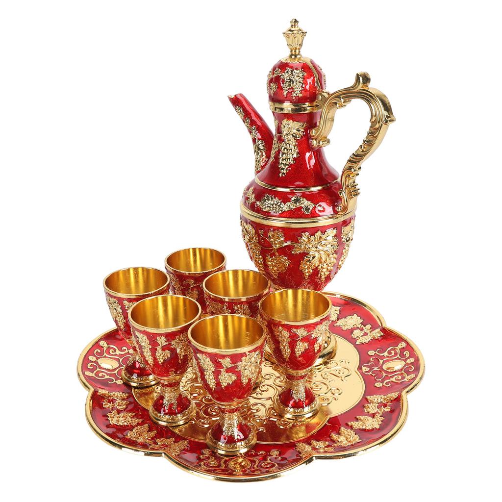 Turkish Coffee Pot Cup Set Vintage Exquisite Elegant Metal Tea Pot Set with 6 Cups for Tea Table