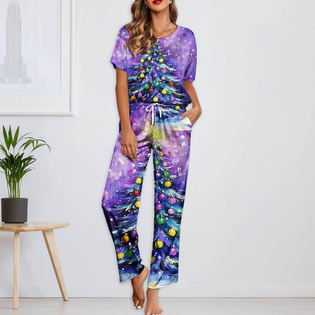Женский шелковый атласный пижамный комплект с рождественским принтом, рубашка с коротким рукавом и длинные пижамные штаны, мягкая домашняя одежда