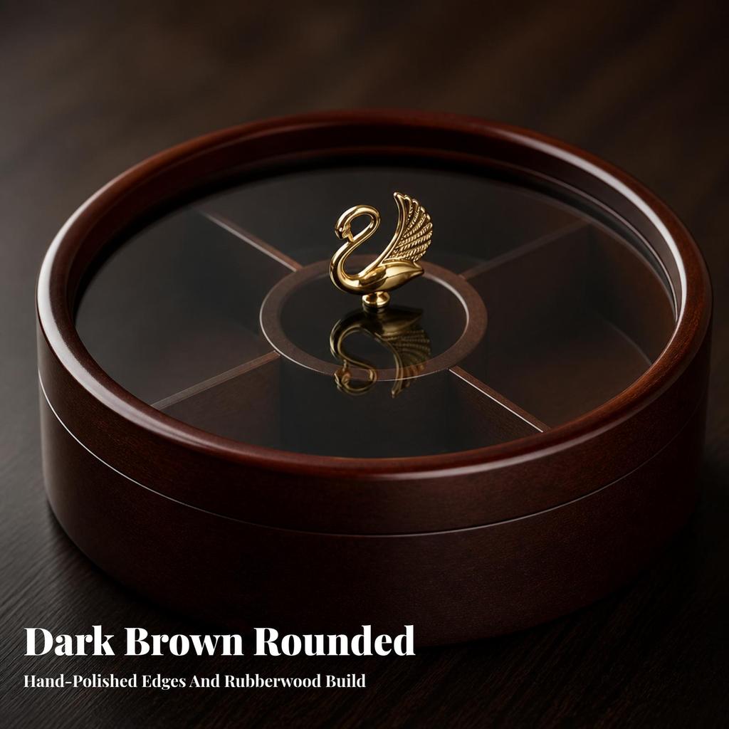 Round Rubberwood Snack Box Compartmentalized Dry Fruit Holder Multi-Use for Home