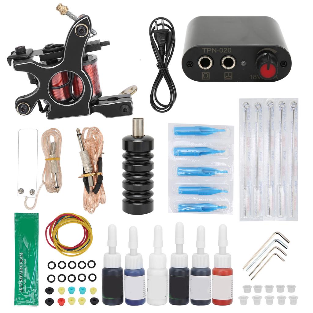 Complete Tattoo Machine Kit Power Supply Needles Tips Handles Tattoo Supplies for Beginners