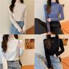 Spring Autumn Winter Knitwear T Shirt For Women With Wood Ears Trim And Half High Neck In Soft Fabric