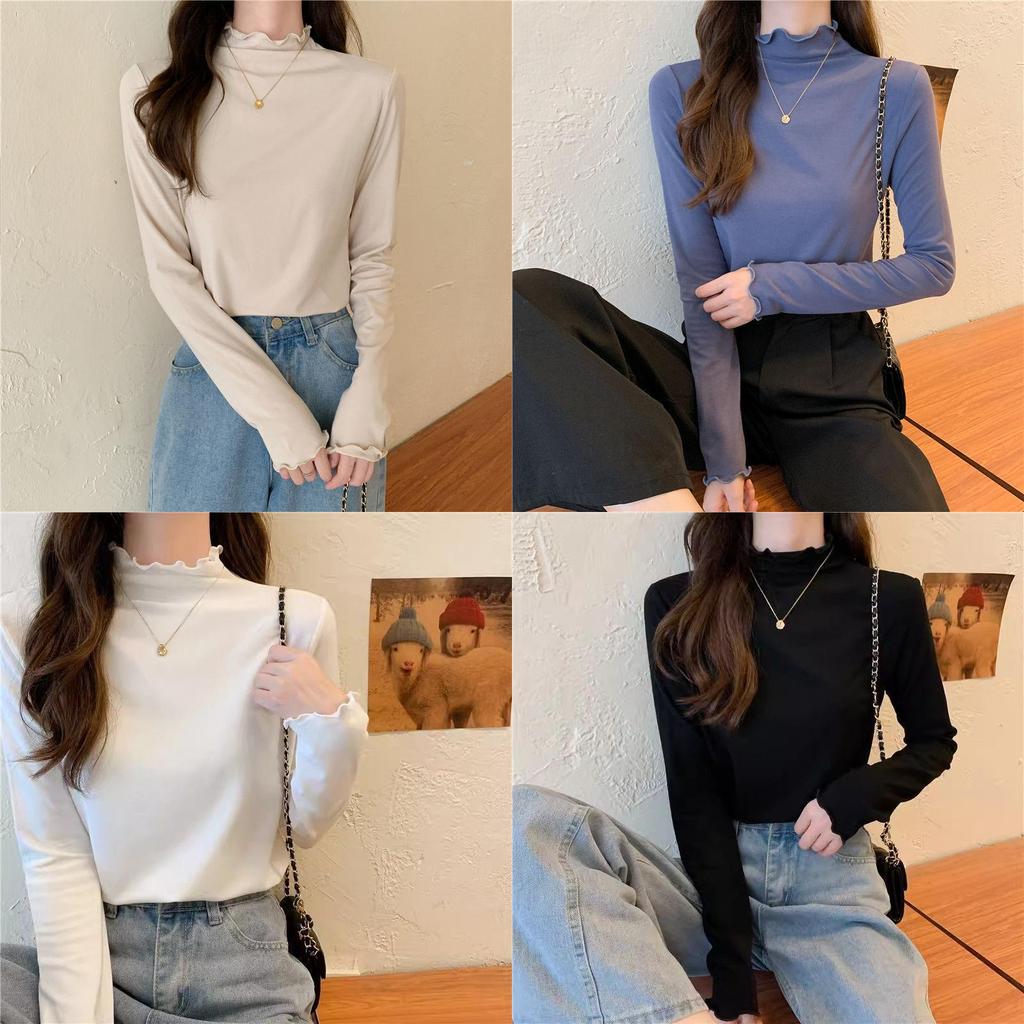 Spring Autumn Winter Knitwear T Shirt For Women With Wood Ears Trim And Half High Neck In Soft Fabric