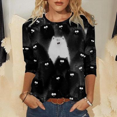 Мода Женская футболка с длинным рукавом и круглым вырезом Одежда на осень Футболки с изображением животных и кошек Футболки из хлопка Kawaii Streetwear Пуловер