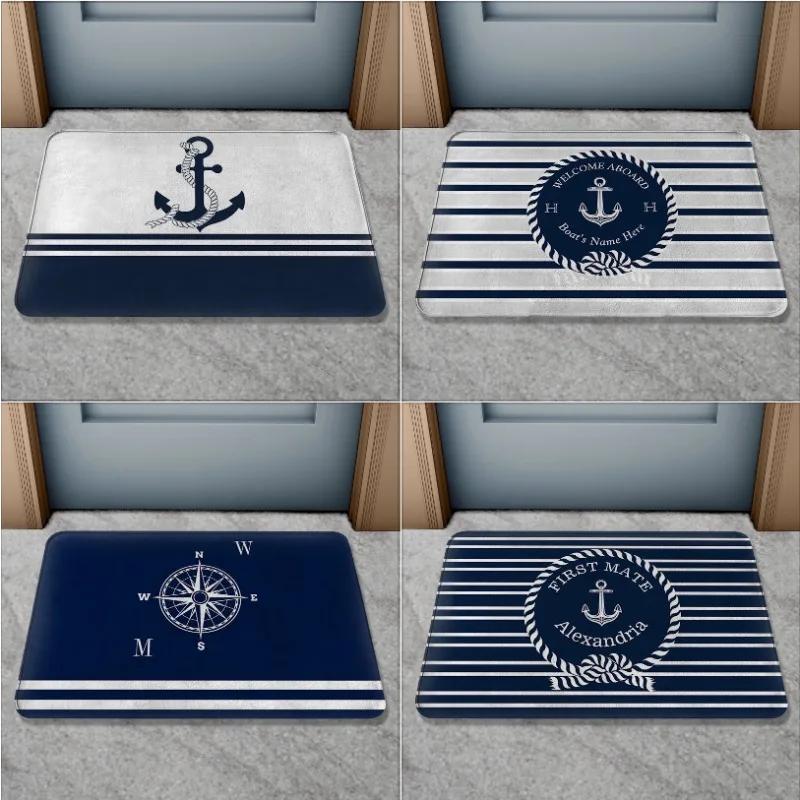 Anti-slip door mat, nautical compass sailboat rope anchor decorative floor mat, indoor and outdoor bathroom carpet