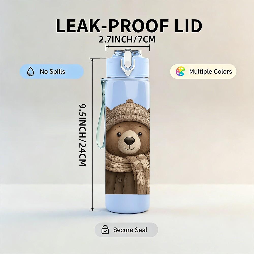 1PC Warm Scarf Bear Cartoon 750ml Color Plastic Sports Water Bottle Leakproof Flip Straw Lid Suitable for Sports Office Home Use