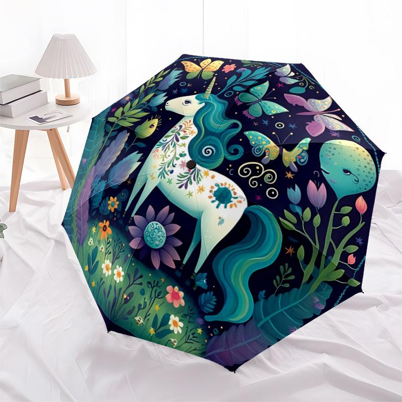 1pc Fantasy Unicorn Automatic Open/Close Umbrella, Windproof, Folding Compact Umbrella with Lightweight Design for Women/Men066