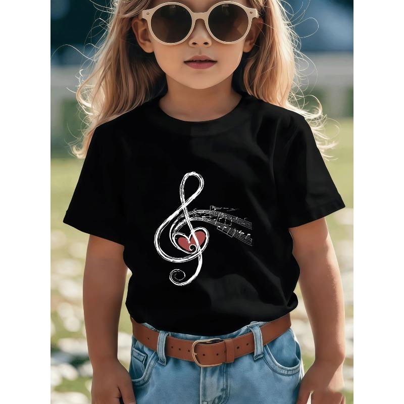 European sizes Kids' Music Love Heart Style T-Shirt - Unique Black Base with White Musical Notes and Abstract Treble Clef Design