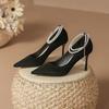 Thin heel temperament socialite pearl buckle belt pointed single shoes 2025 new fairy style black suede high heels women