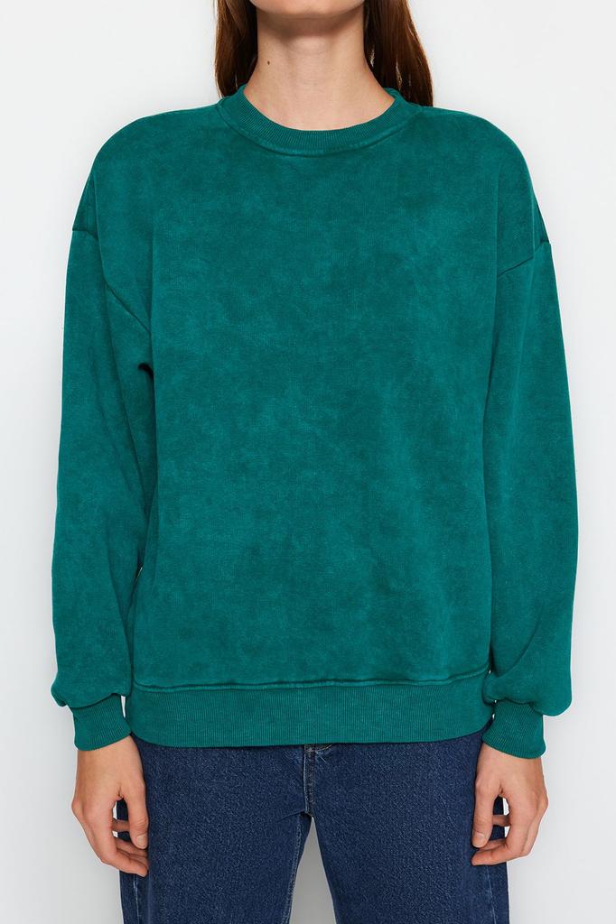Women's Fashion New Sweatshirt Emerald Green Vintage Faded Effect Thick Inside Fleece Oversize Wide Fit Sweatshirt