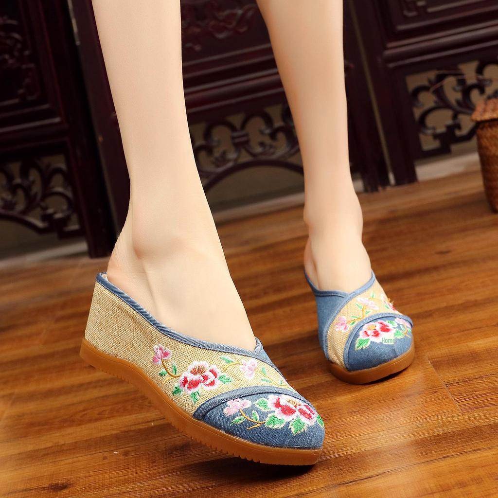 Вышитые льняные тапочки на танкетке в стиле ретро с ароматерапией