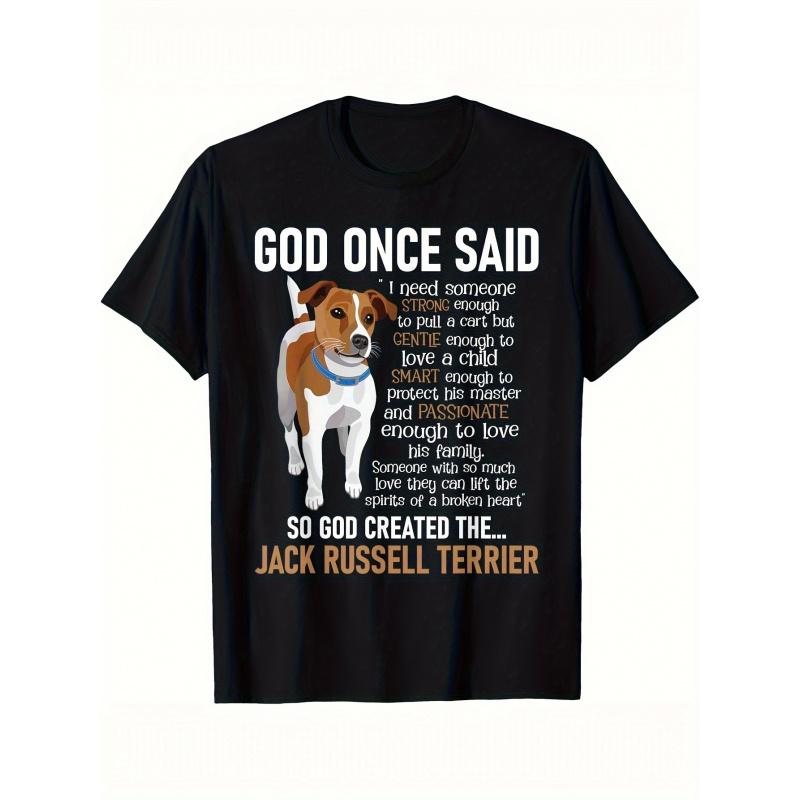 Humorous Jack Russell Terrier T-Shirt for Men - Loose-Fitting Black Tee Featuring Jack Russell Terrier & 'God Created JT' in White Text - A Comical