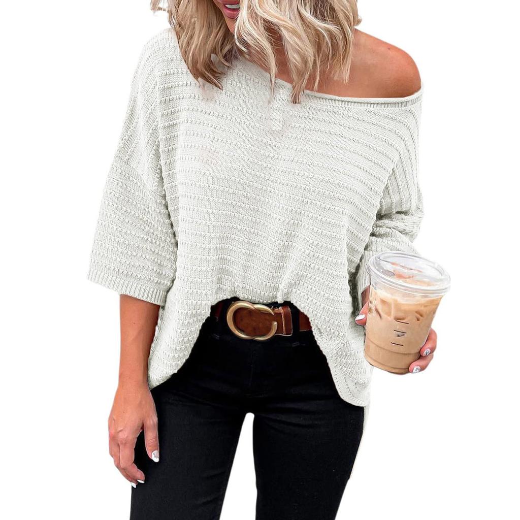 Women's Fashionable Sweater Solid Color Round Neck Off Shoulder Loose Knit Sweater