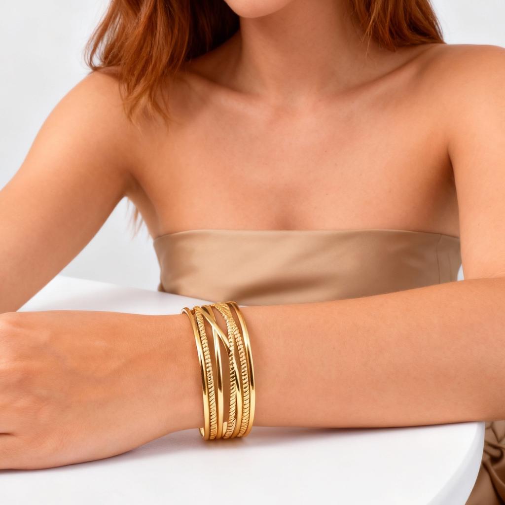 Multi-layer Lines Stainless Steel Wide Cuff Bangle for Women, Non Fading Gold Plated Open Bracelets, Waterproof Jewelry