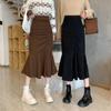 High Waist Midi Skirts for Women Spring Slim Fit Hip Mermaid Skirt Korean Ruffles Brown Skirts