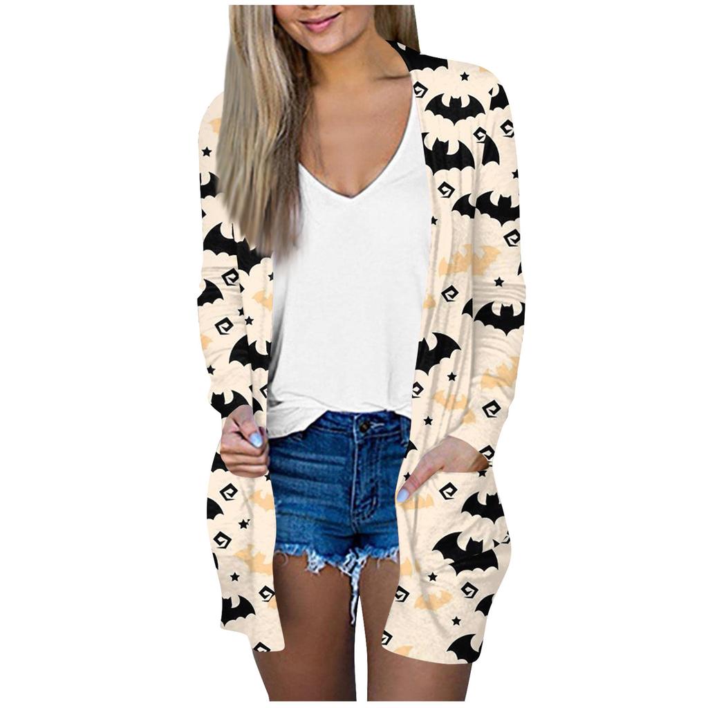 Женская модная повседневная куртка-кардиган средней длины с длинным рукавом и принтом на Хэллоуин