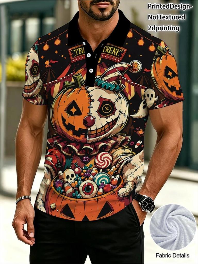 Men'S Outdoor Halloween-Themed Polo Shirt, Mixed Colors, Multiple Specifications Available, Polyester Material, Featuring Stitched Figure And Pumpkin