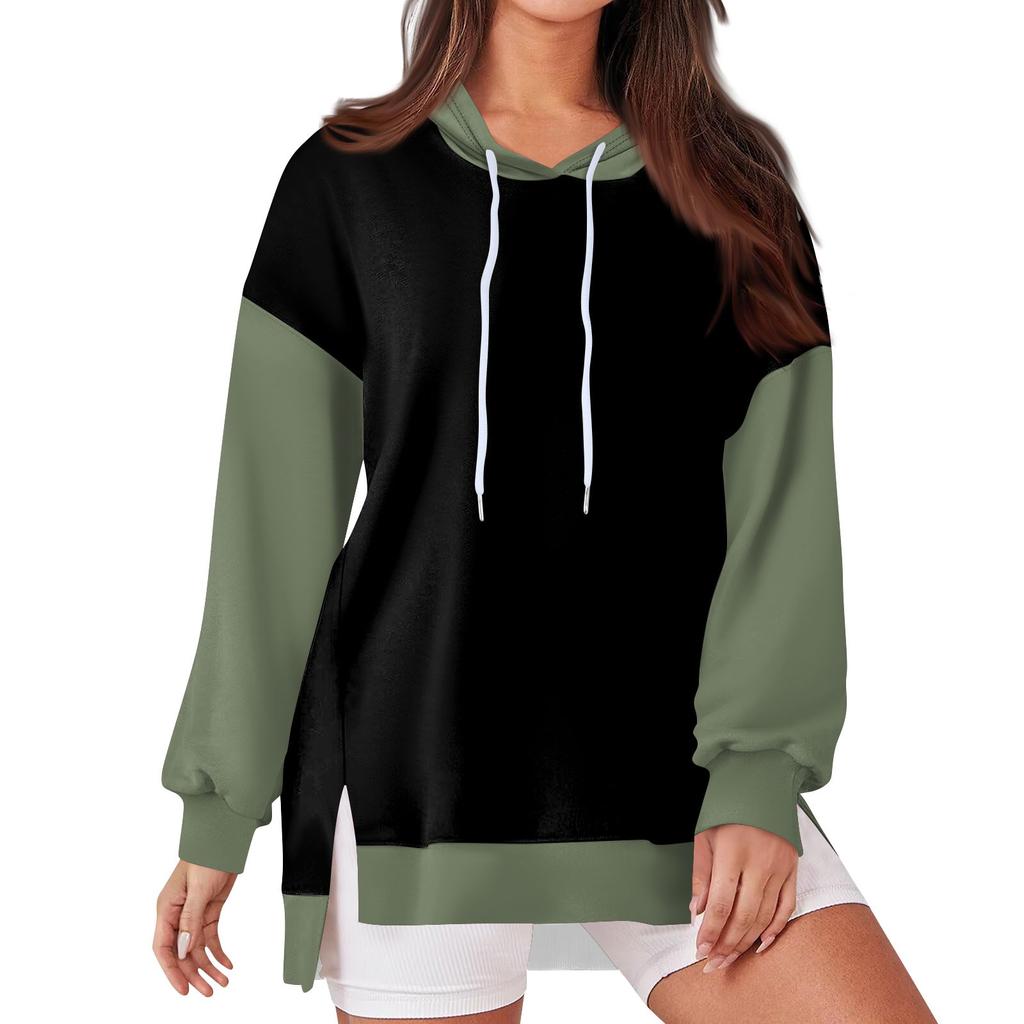 Women's Fashionable Casual Hoodie Long Sleeved Drawstring Pullover Solid Color Splicing Printed Loose Slit Sweatshirt