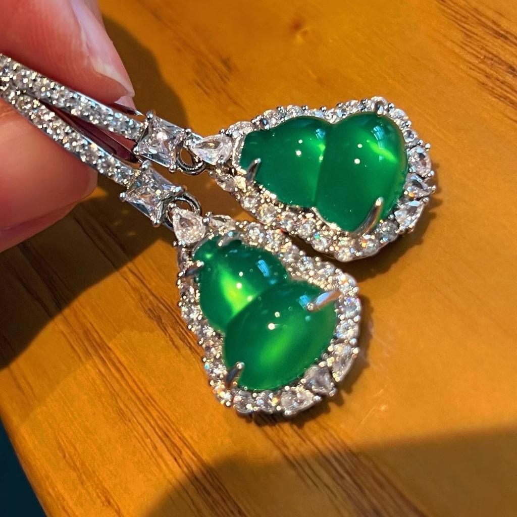 Natural Full Green Imperial Green Chalcedony Gourd Earrings, Luxuriously Inlaid Agate Dangle Earrings