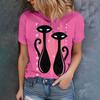 Розовая креативная женская футболка с круглым вырезом и двумя черными кошками, индивидуальный художественный стиль - новинки лета 2025 года