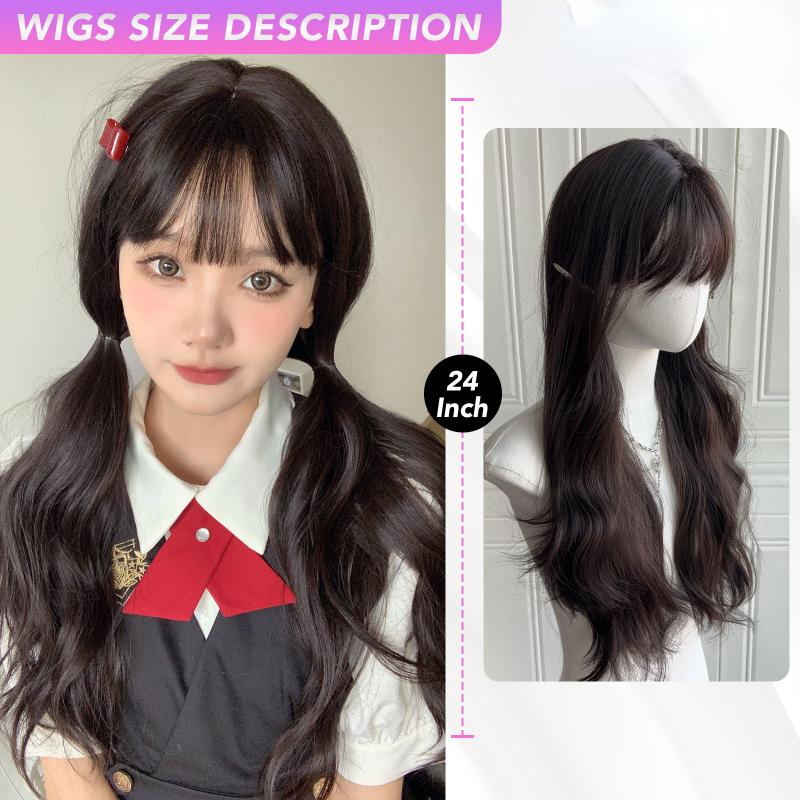 Коричневые вьющиеся парики с воздушной челкой, 24-дюймовые синтетические парики из волокна, термостойкие натуральные вечерние или селфи для женщин, корейская мода