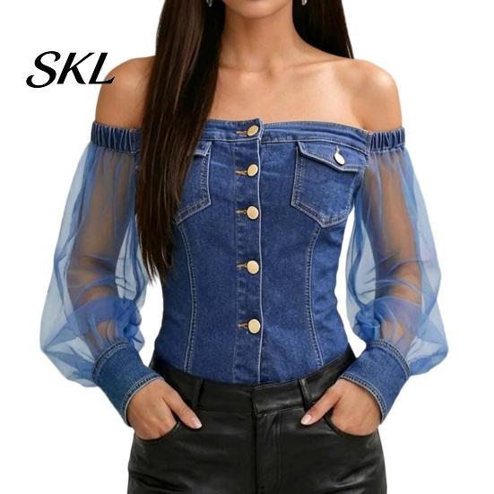 Lightweight Women Shirt Summer Tops for Women, Mesh Splicing Imitation Denim Shirt, Off Shoulder Casual Long Sleeve Chiffon Work Parties And Everyday