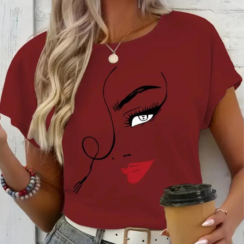 Fashion Women Simple Fashionable Facial Features Print T Shirt Funny Casual O-neck Short Sleeves T-shirt Summer Female Tee Shirt