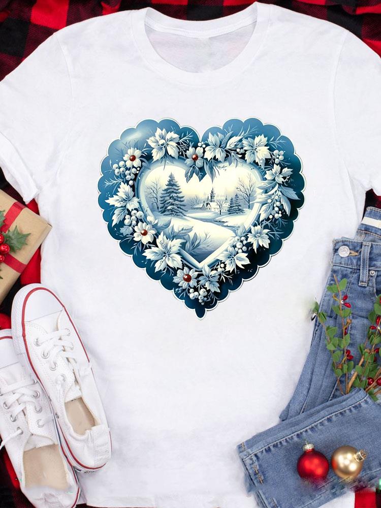 (Азиатский размер) Топ Футболка фестиваль Счастливого Рождества Новый год Праздник Повседневный любовь сердце клетка Женский Принт Леди Короткий рукав Мода Графические футболки