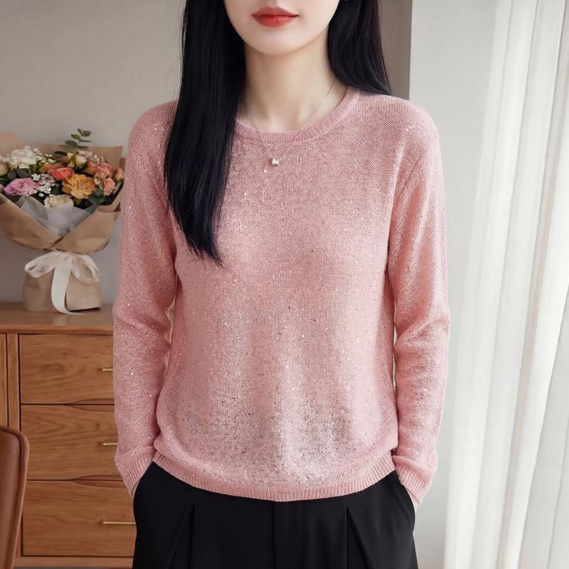 New Spring Pink Knit Round Neck Sweater for Women - Loose, Stylish Long Sleeve Base Top