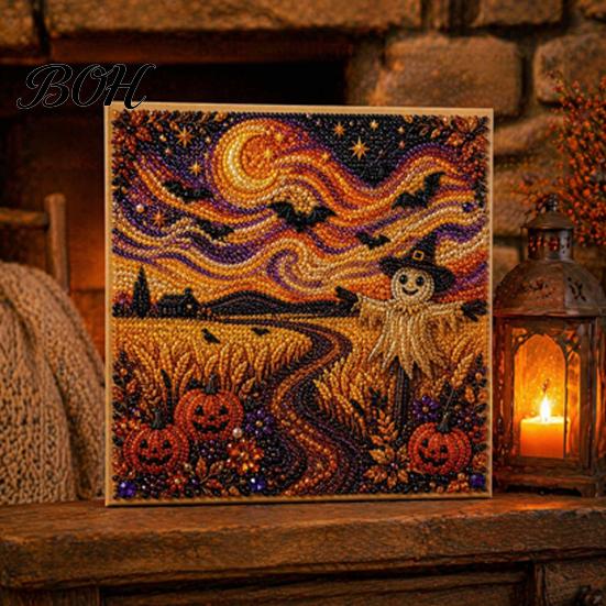 Fall Holiday Decoration Halloween Faux Pearl Art DIY Kit, 3D Bead Embroidery Craft Set, Spooky Handmade Ghost Pumpkin Goat Witch Wall Art, Seasonal