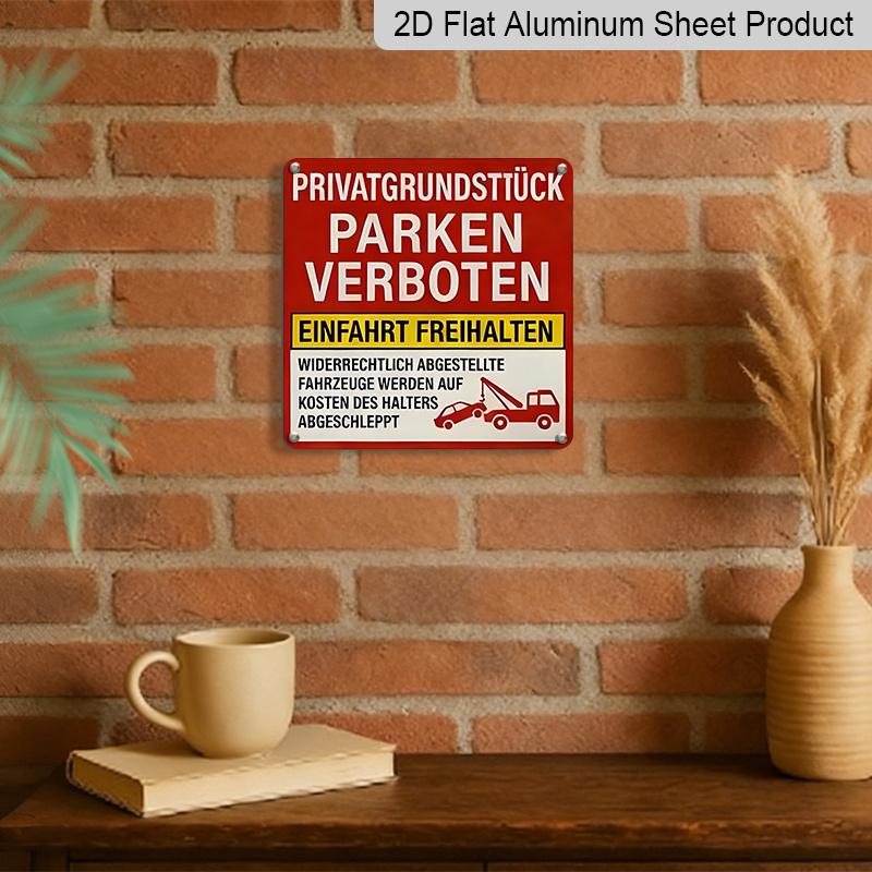 2D Flat - Vintage Metal Aluminum Sign - Retro Wall Decor with German "Privatgrundstück Parken Verboten" Parking Restriction Notice, Ideal for Garage