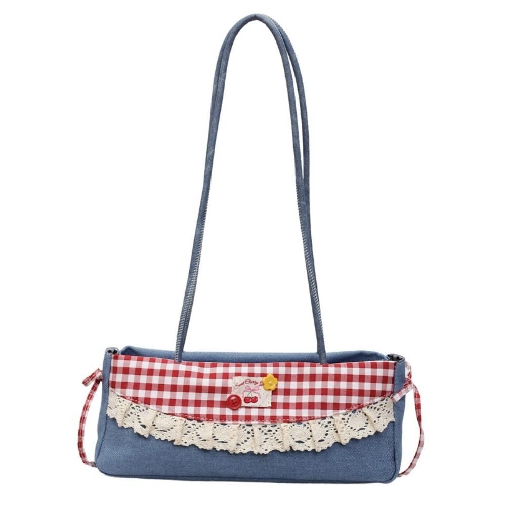 Black French Stick Handbag Denim Blue Cloth Underarm Bags Shopping Plaid Bow Shoulder Bag  Travel