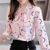 M-4XL женские весенне-летние стильные шифоновые блузки, рубашки, женские повседневные блузки с длинными рукавами и галстуком-бабочкой, воротник с принтом, топы